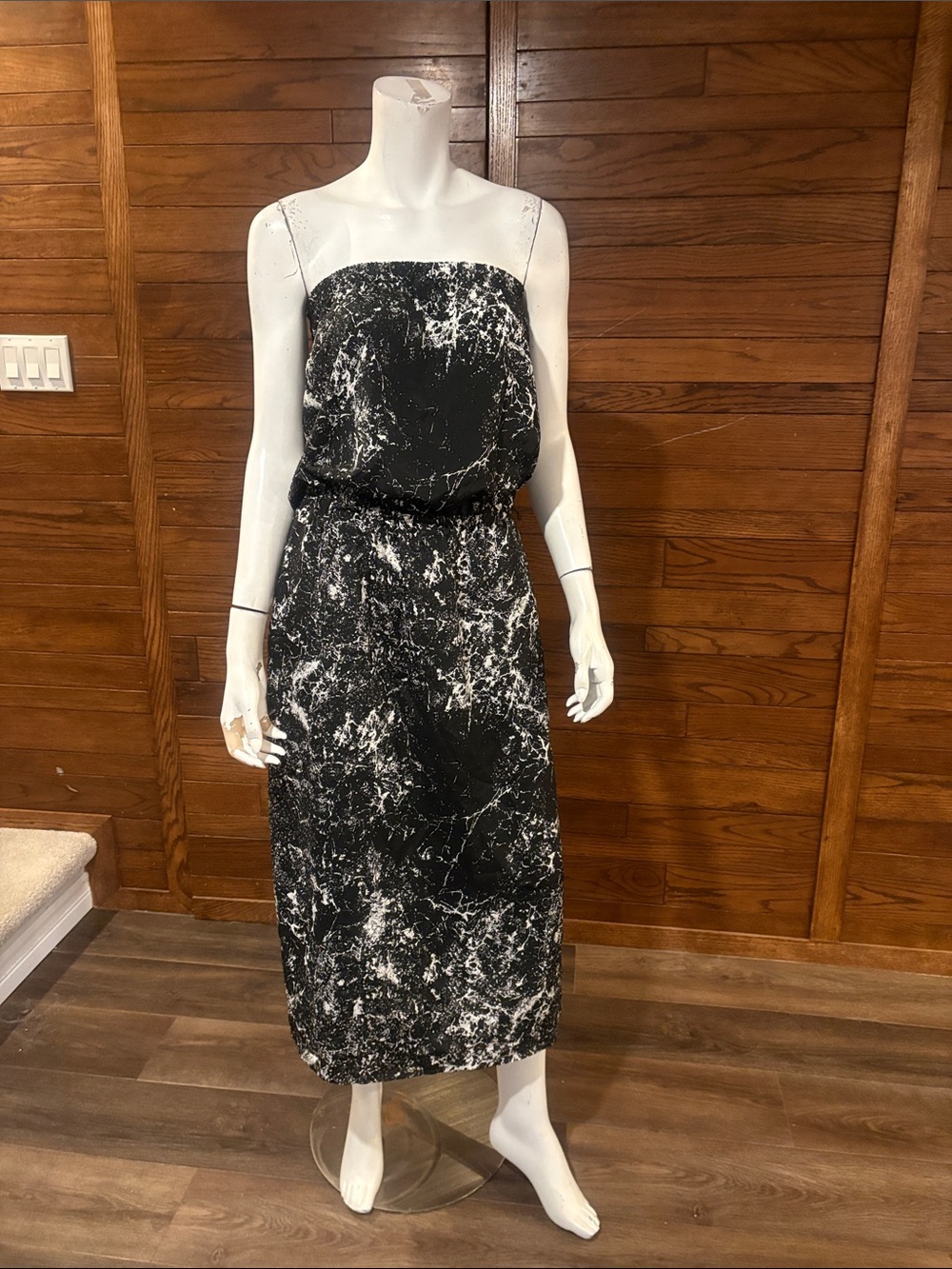 Michael Kors Black & White Strapless Marble-Print Midi Dress
